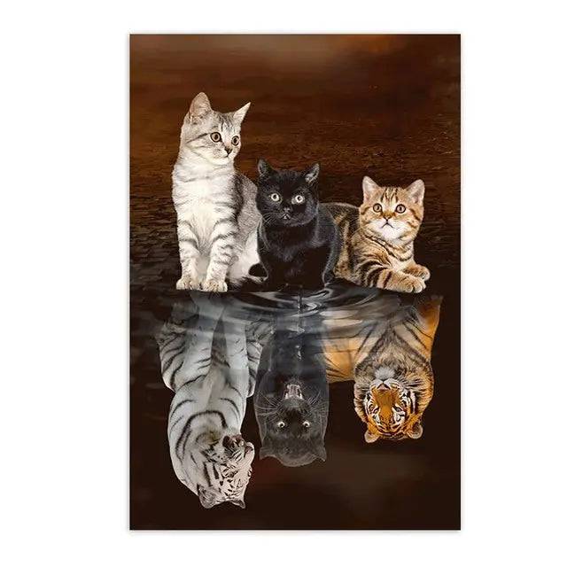 Three colorful cat canvas wall art featuring a tiger, panther, and cute cat, perfect for home decor and animal lovers.
