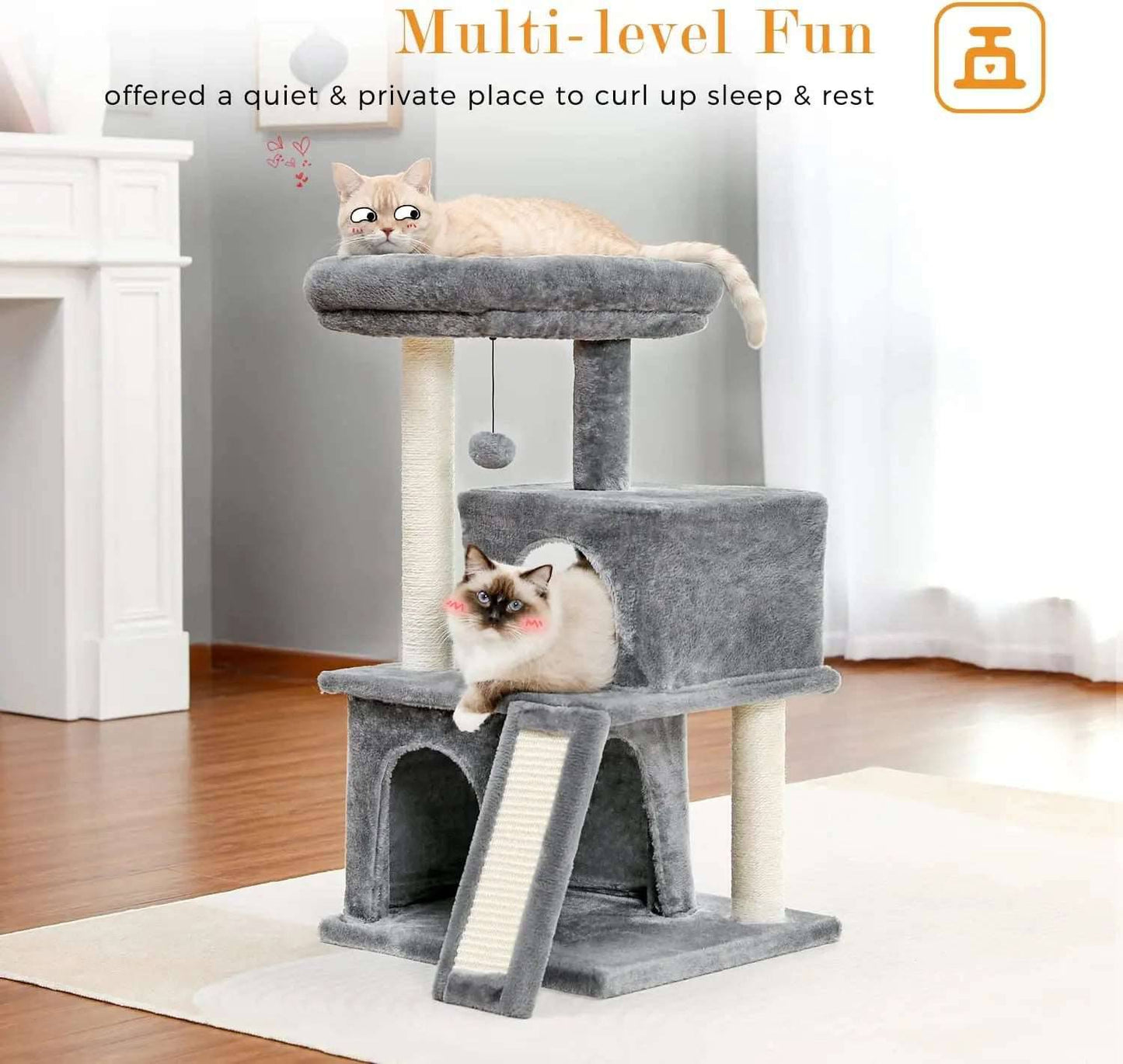 34" Grey Cat Tower with Double Condos, Spacious Perch, Fully Wrapped Scratching Sisal Posts and Replaceable Dangling Balls TRENDYPET'S ZONE
