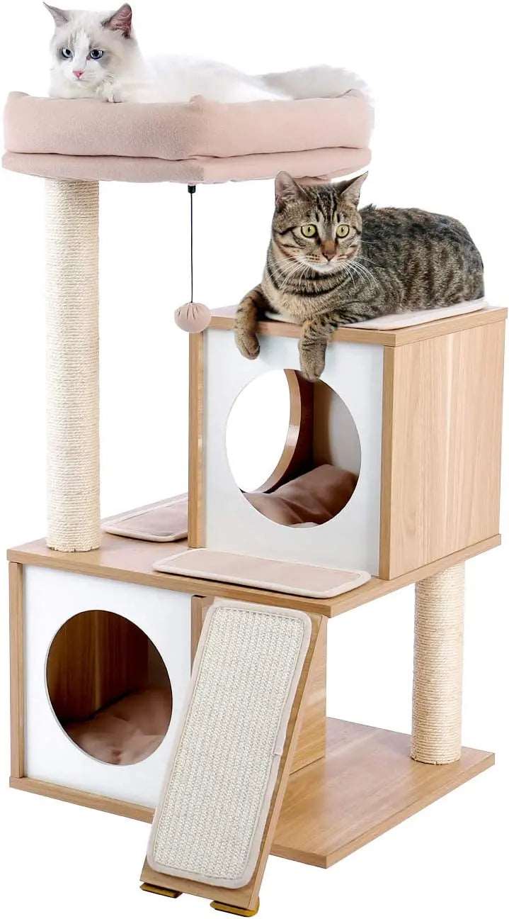 34" Wooden Beige Cat Tower with Double Condos, Spacious Perch, Fully Wrapped Scratching Sisal Posts and Replaceable Dangling Balls TRENDYPET'S ZONE