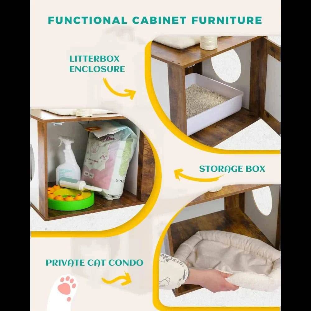 46.1" Brown Modern Cat Tower Wood Large Hammock Litter Box Enclosure - TrendyPet's Zone