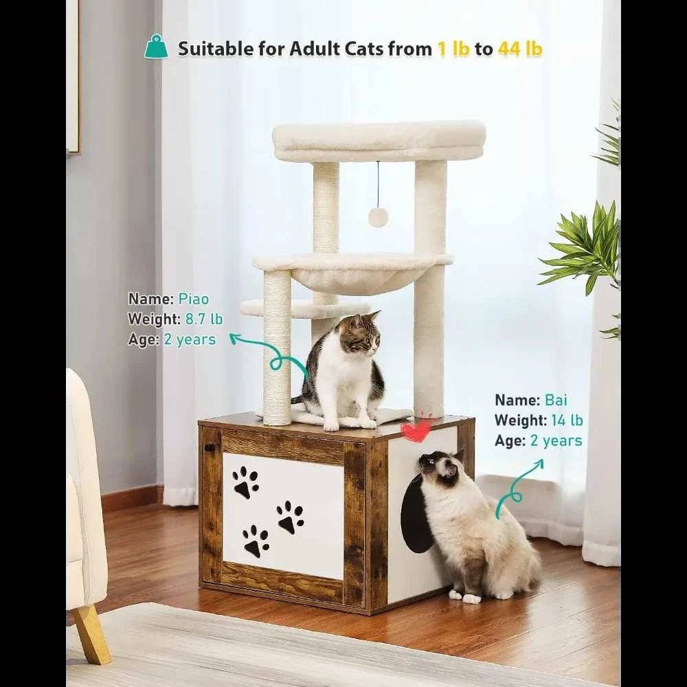 46.1" Brown Modern Cat Tower Wood Large Hammock Litter Box Enclosure - TrendyPet's Zone