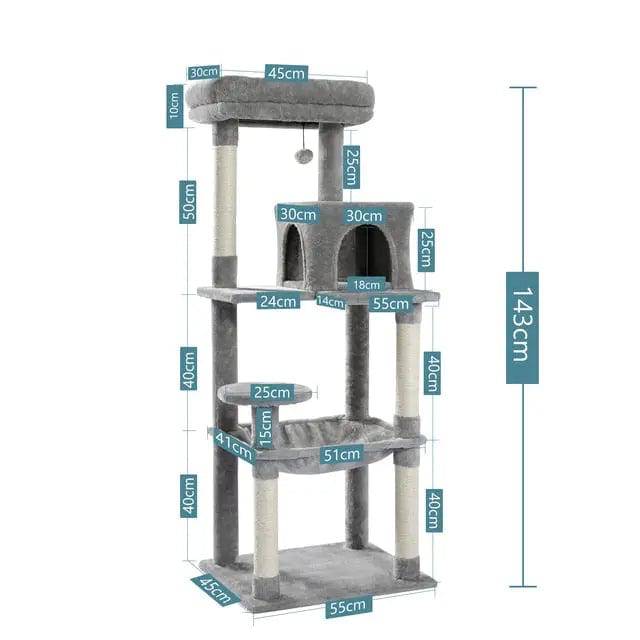 Gray TrendyPet's Zone cat tree with plush platforms, sisal scratching posts, spacious hammock, and large condos for cats.