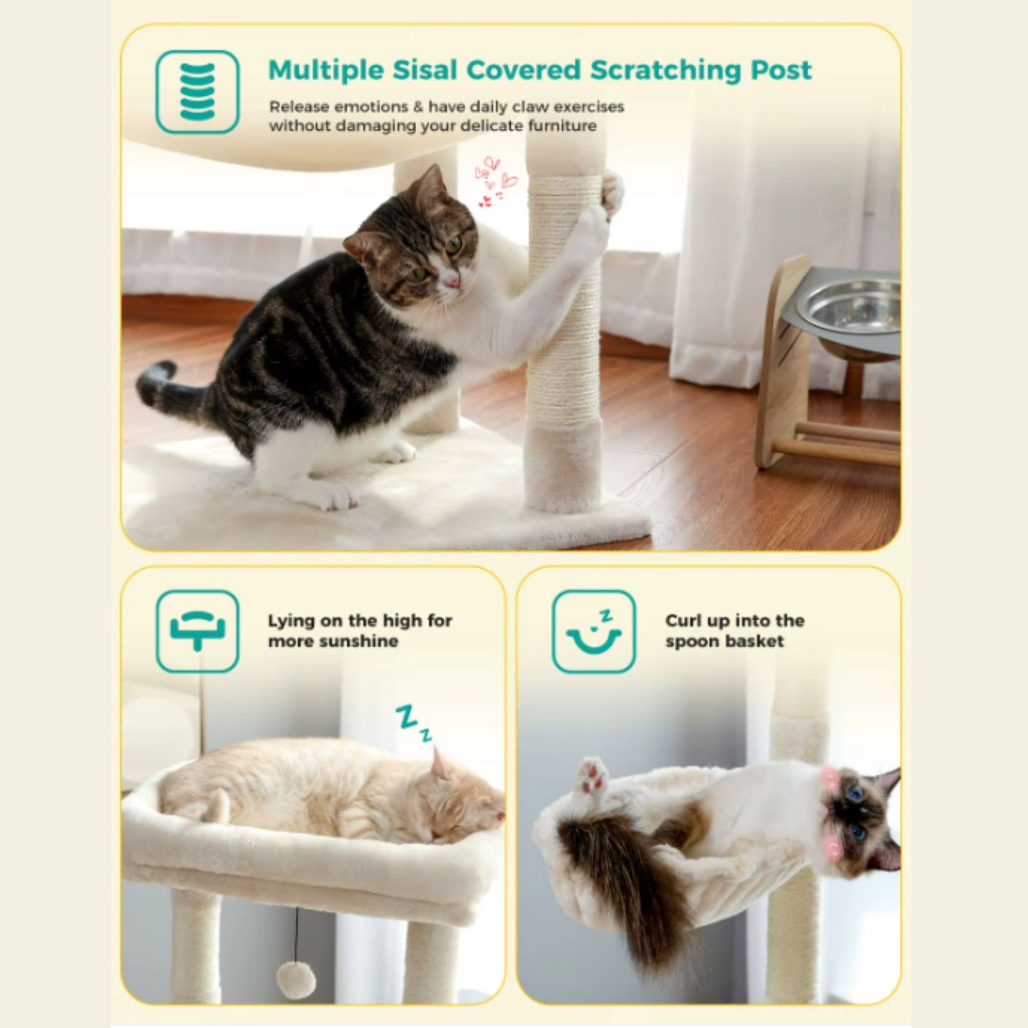 TrendyPet's Zone beige multi-level cat tree with plush tower, sisal scratching posts, spacious hammock, and large condos for cats.