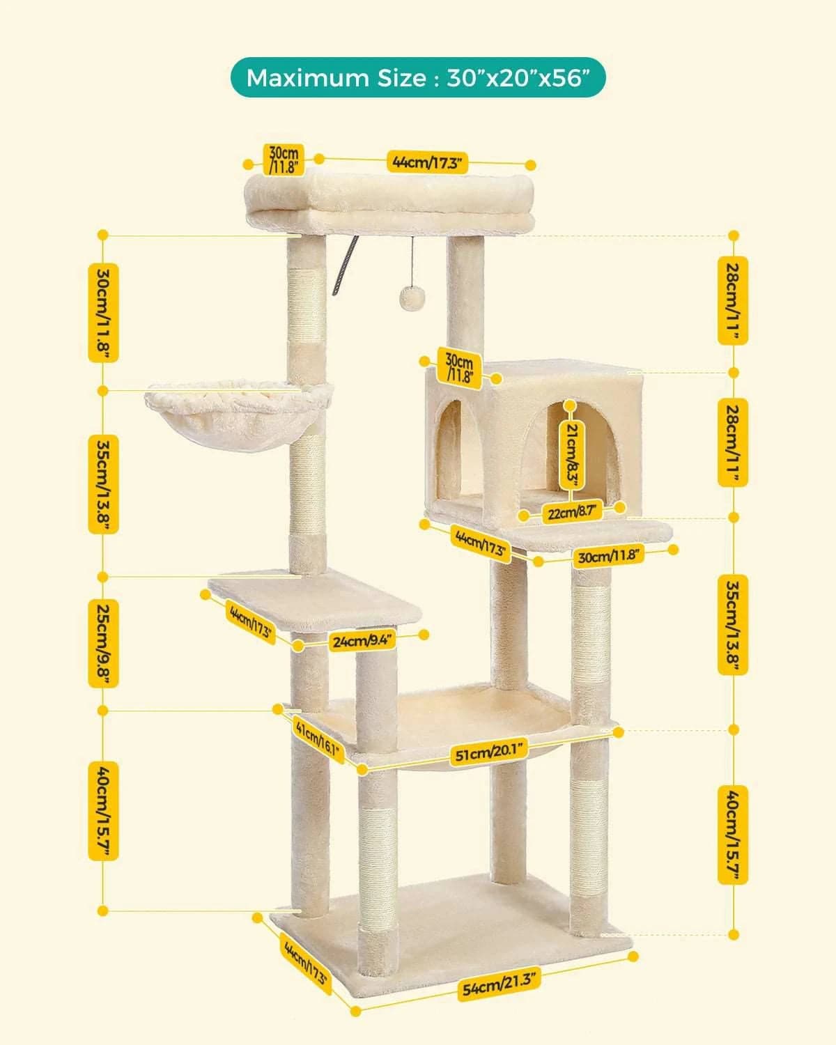 Beige TrendyPet's Zone cat tree with plush tower, sisal scratching posts, spacious hammock, and large condos for cats to play and rest.