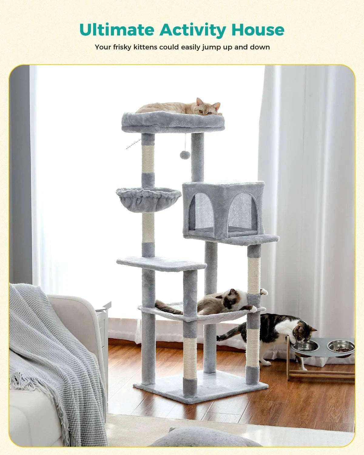 Light gray TrendyPet's Zone cat tree with plush towers, sisal scratching posts, spacious condos, and a cozy hammock.