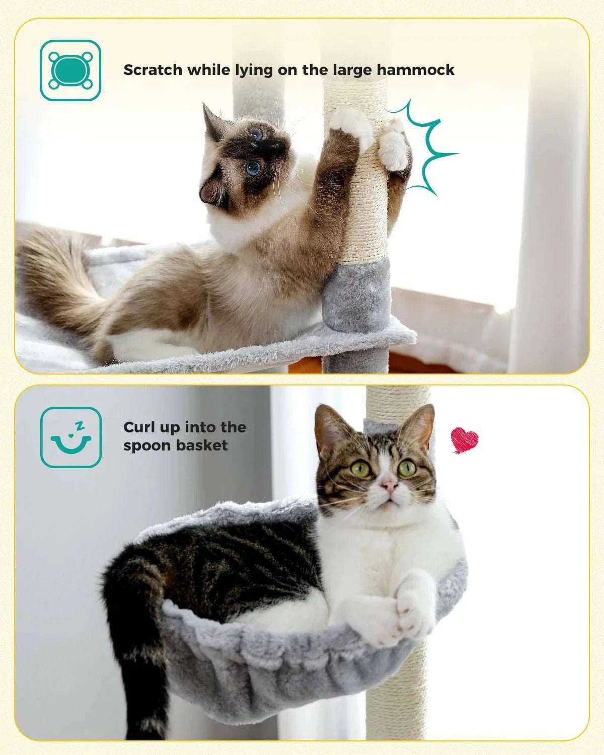 Light gray cat tree by TrendyPet's Zone featuring plush towers, sisal scratching posts, spacious hammock, and large condos for cats.