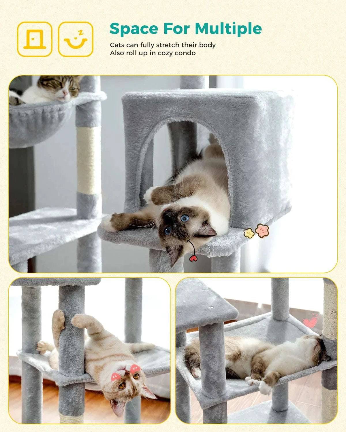 Light gray cat tree with plush towers, sisal scratching posts, spacious hammock, and large condos for cats by TrendyPet's Zone.