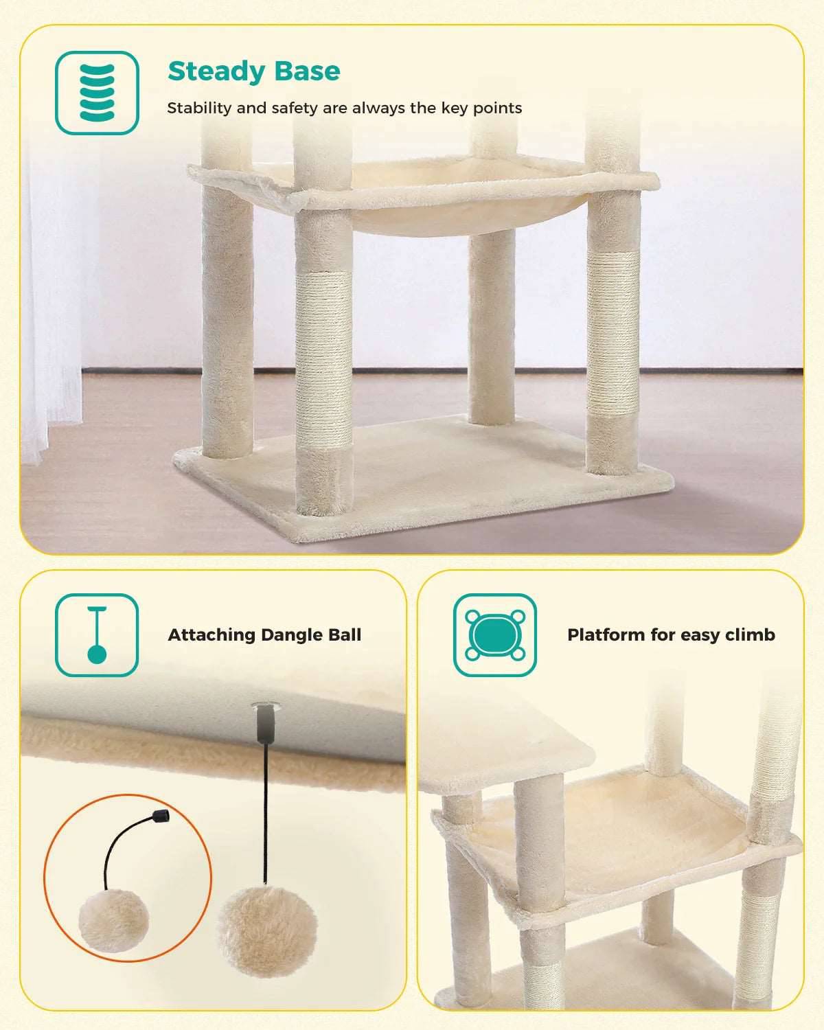 56.3" Light Gray Cat Tree Plush Tower Multilevel Play House with Sisal Scratching Posts, Spacious Hammock and Large Condos Upgrade TrendyPet's Zone