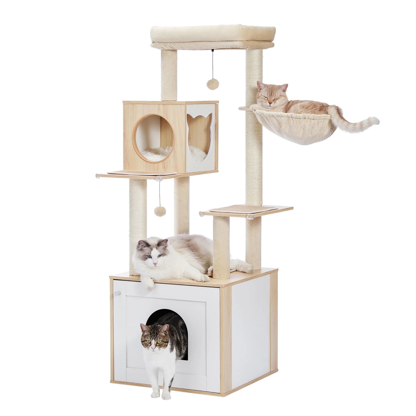 56.7" Beige Luxury Cat Tree Tower with Cabinet Wood Post Toy Large Spacious Perch Sleep Hammock TrendyPet's Zone