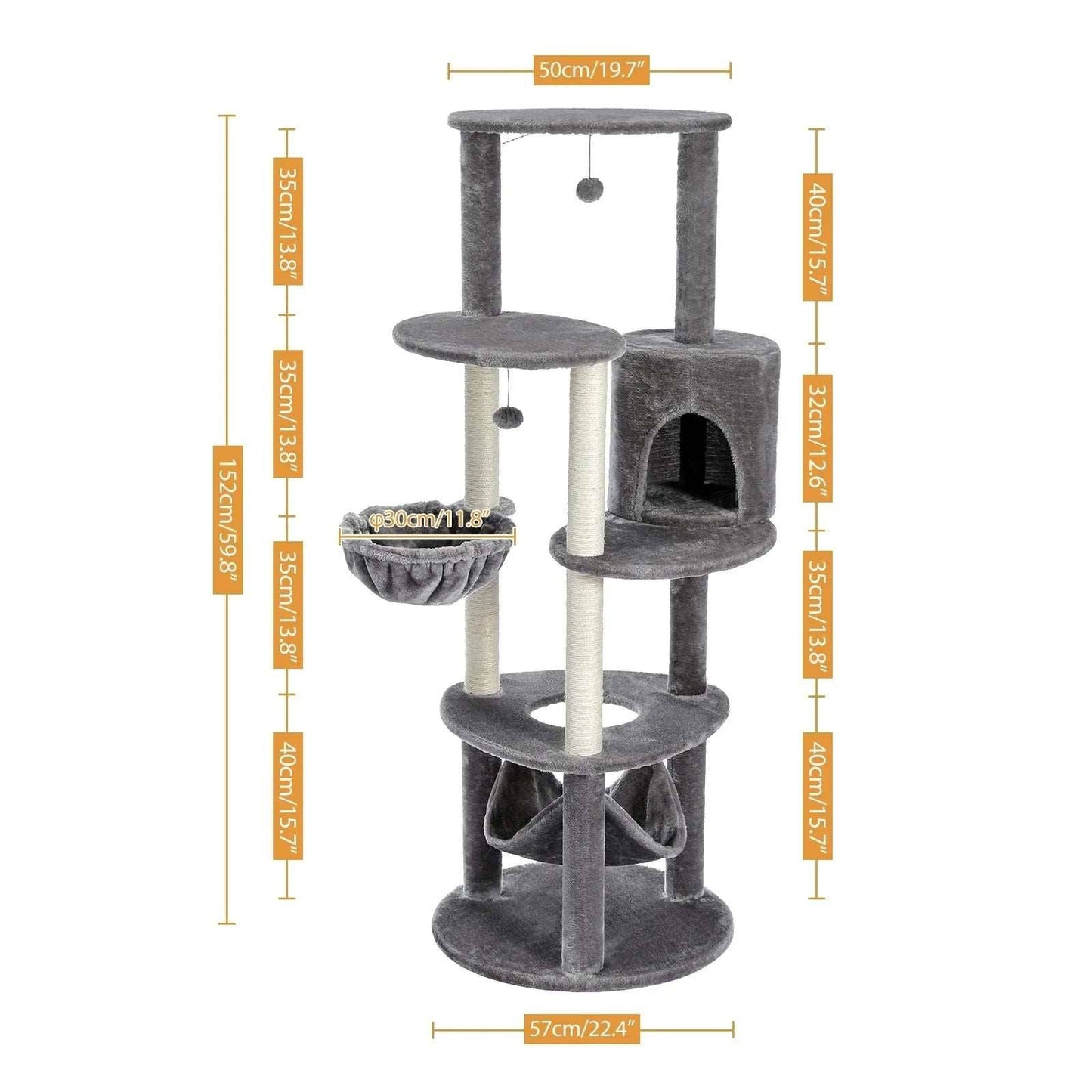 59.8" Grey Cat Scratcher Tower Home Furniture Cat Tree Pets Hammock Sisal Cat Scratching Post Climbing Frame Toy Spacious Perch TRENDYPET'S ZONE