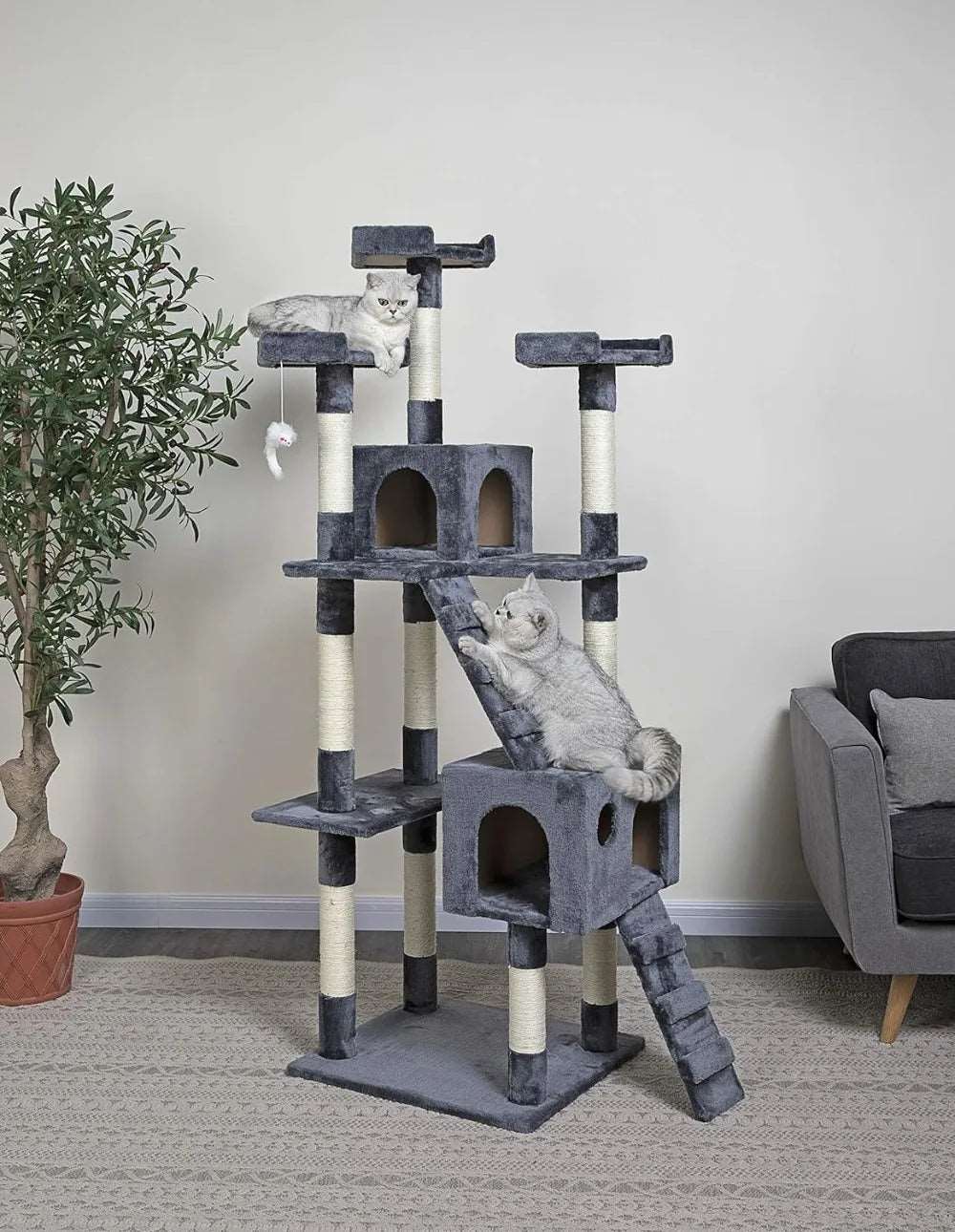 72" Slate Grey Tall Extra Large Cat Tree Tower Condo House for Large Indoor Cats Play Scratch With Two Ladders TRENDYPET'S ZONE