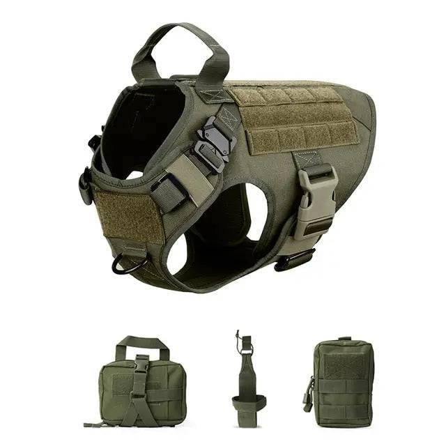 Army Green Durable Nylon Tactical Dog Harness Collar Leash Set - TrendyPet's Zone