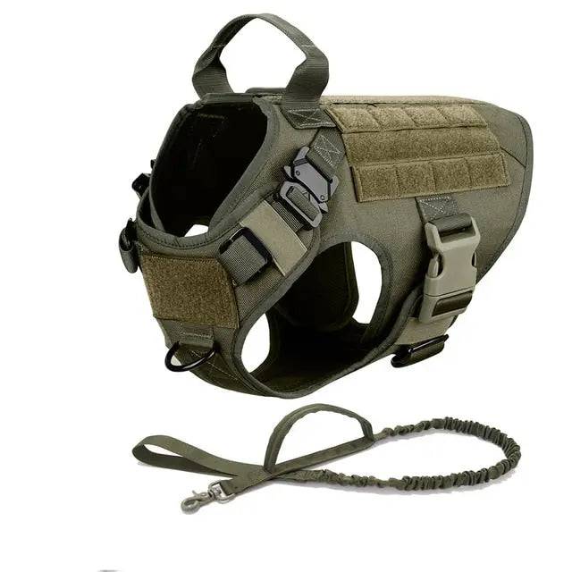 Army Green Durable Nylon Tactical Dog Harness Collar Leash Set - TrendyPet's Zone