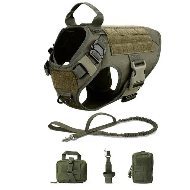 Army Green Durable Nylon Tactical Dog Harness Collar Leash Set - TrendyPet's Zone