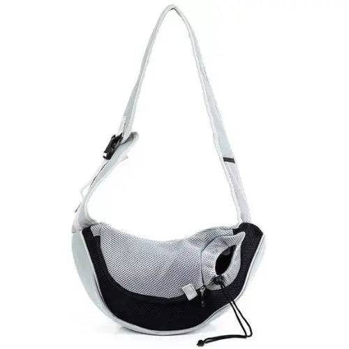 Black light grey pet carrier outdoor travel dog shoulder bag with mesh and oxford fabric, compact comfort sling handbag for pets.
