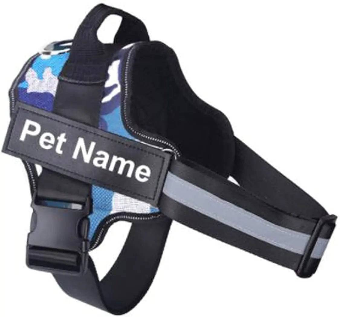 Blue Camouflage Dog Harness No Pull Reflective Breathable Pet Harness With Name For Dogs Custom Patch Adjustable Outdoor Walking Dog Supplies - TrendyPet's Zone