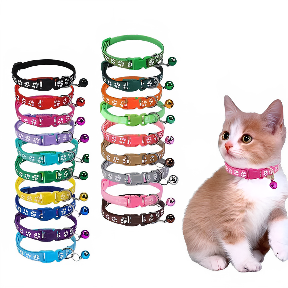 Colorful TrendyPet's Zone nylon cat collar with bell, featuring a soft paw print design, shown on a pink-collared cat.