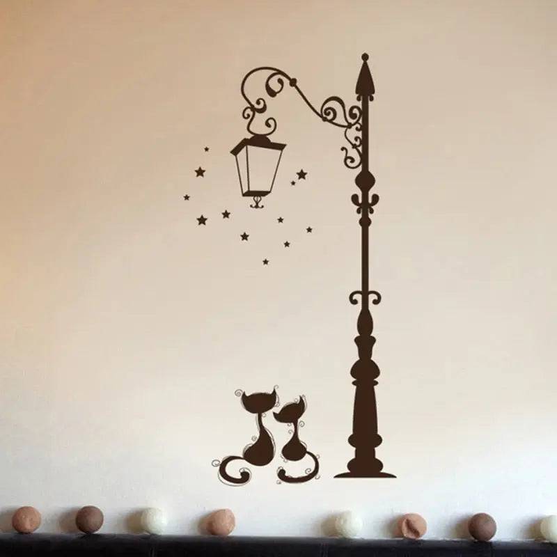 Wall sticker featuring romantic cats under a street light for home decor, from TrendyPet's Zone, ideal for mural or wallpaper decoration.