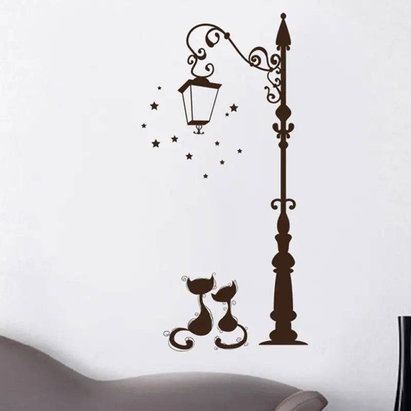 Cats under street light wall stickers, romantic mural wallpaper art decal for home decoration, by TrendyPet's Zone.