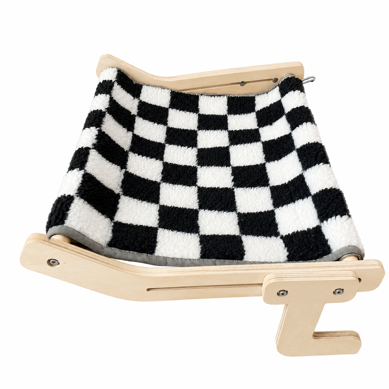 Checkered wooden cat hammock hanging bed shelf by TrendyPet's Zone, designed as a cozy perch for cats on Kallax shelves.