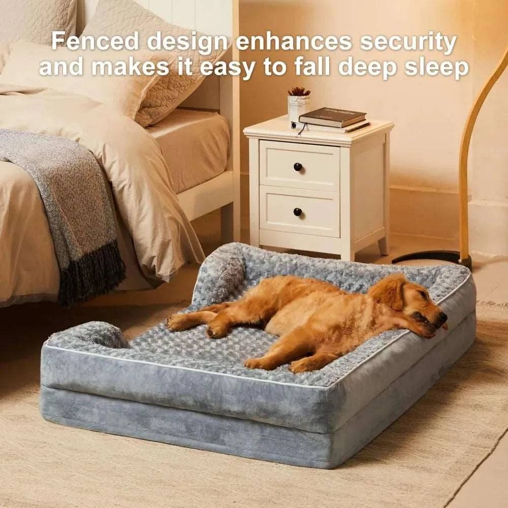 Light gray TrendyPet's Zone orthopedic bolster dog bed with waterproof lining, non-skid bottom, washable fabric, and egg foam cushioning.