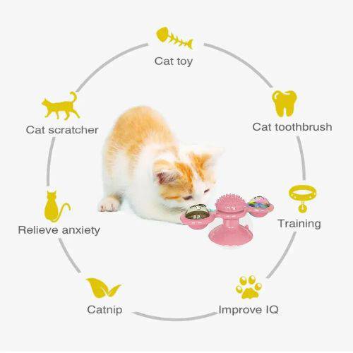 Pink rotating windmill cat toy with LED lights, suction cup base, and interactive turntable designed for indoor feline play.