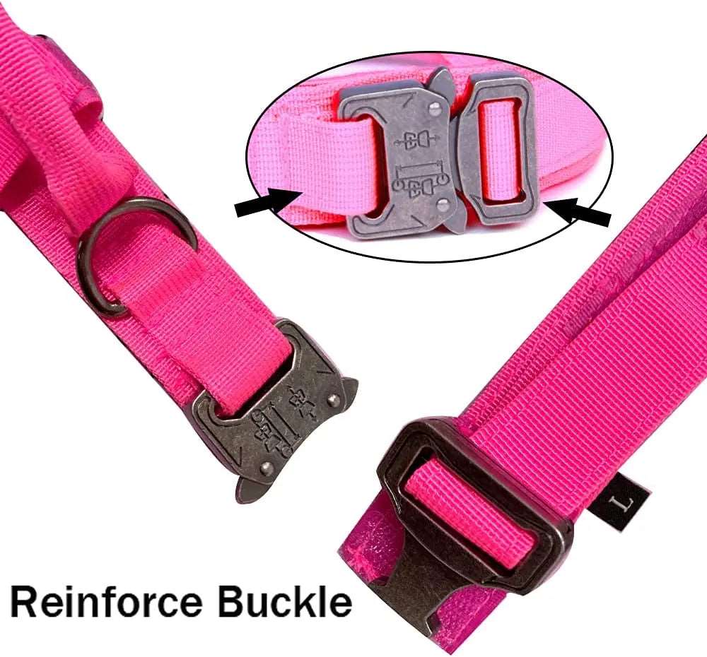 Pink durable tactical dog collar and leash set for medium to large dogs, heavy-duty military-style training accessories.