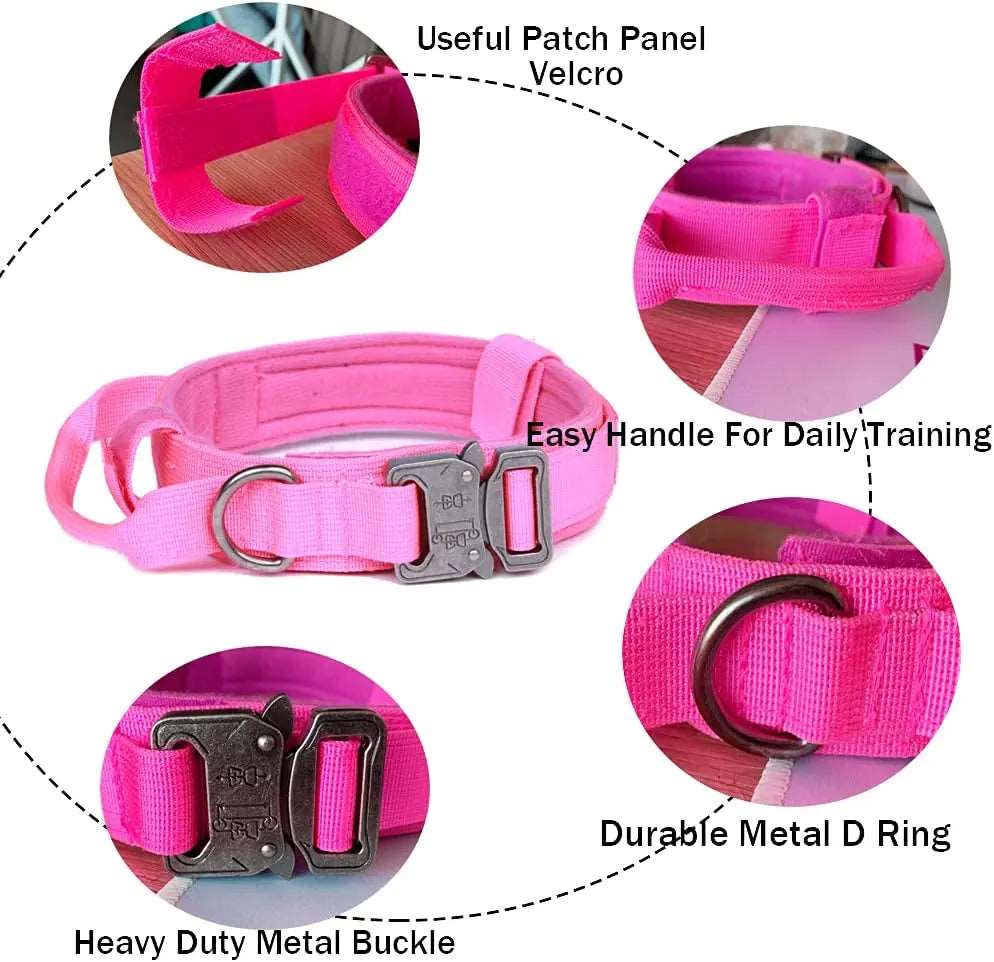 Pink durable tactical dog collar and leash set for medium and large dogs, heavy-duty military-style training accessories by TrendyPet's Zone.