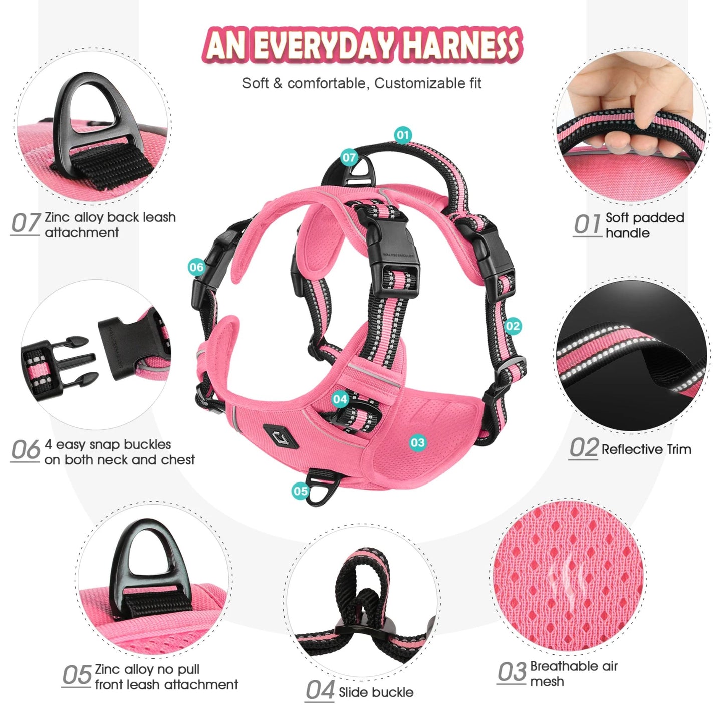 Pink No-Pull Dog Adjustable Harness with Easy Control Handle - TrendyPet's Zone
