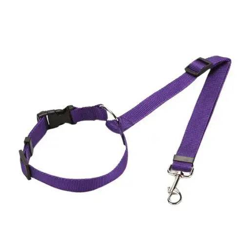 Purple solid color two-in-one pet car seat belt and leash, adjustable nylon harness for dogs, backseat safety accessory.