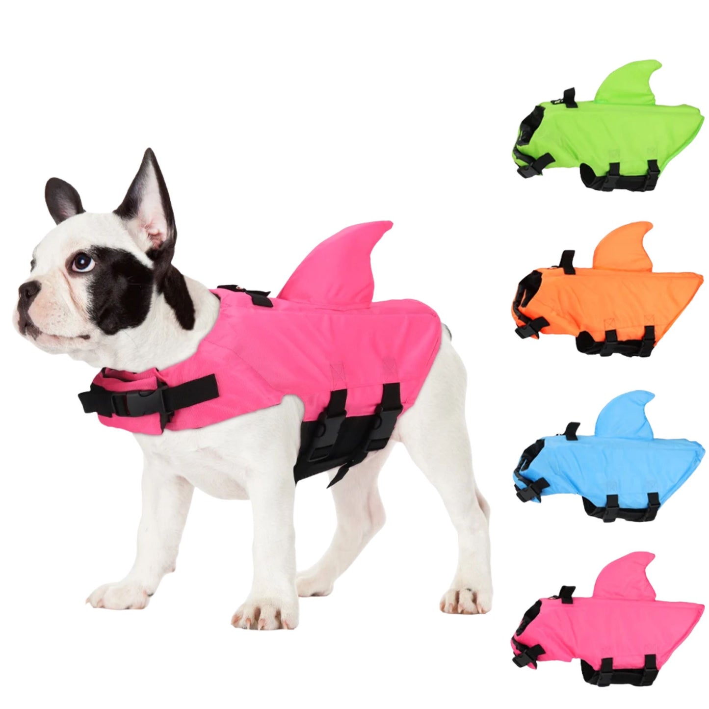 Pink shark-shaped dog life jacket from TrendyPet's Zone, stylish swim safety vest for all dog sizes and breeds.