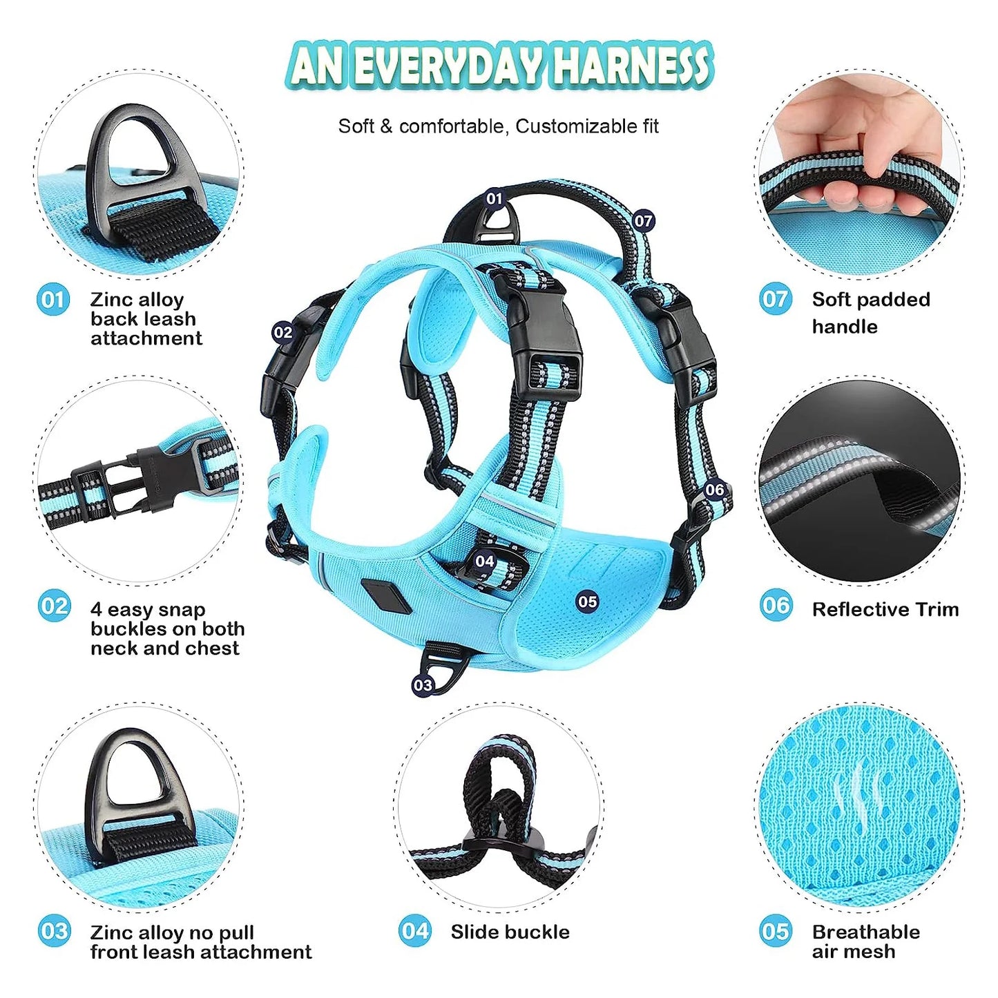 Sky Blue No-Pull Dog Adjustable Harness with Easy Control Handle - TrendyPet's Zone