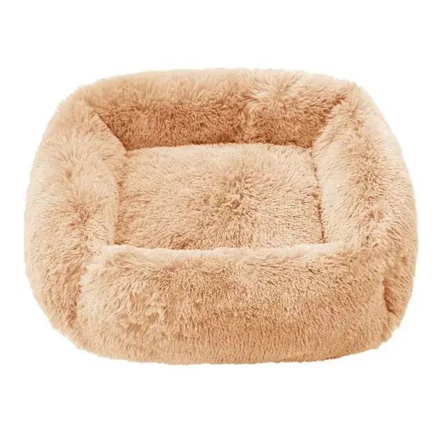Apricot fluffy dog sofa bed with plush fabric, rectangular shape, suitable for small to large dogs, indoor winter warm pet bed.