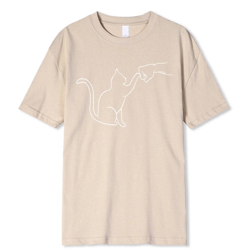 Beige men's T-shirt with funny cat and man print, O-neck, 100% cotton, casual hip-hop style, from TrendyPet's Zone.