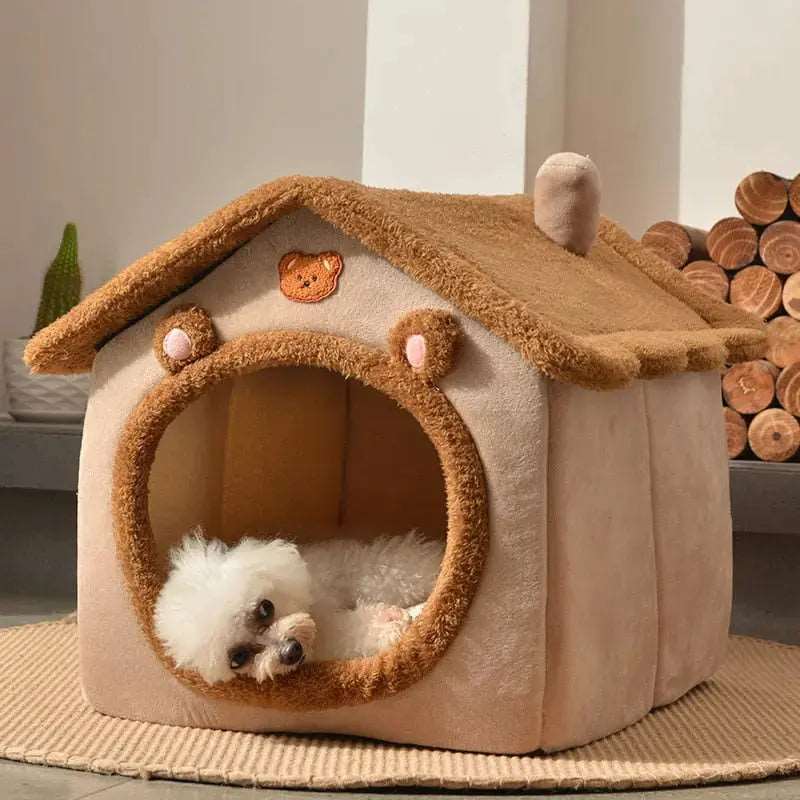 Beige foldable dog house with bed, mat, basket, cave, and sofa features from TrendyPet's Zone for cozy pet comfort