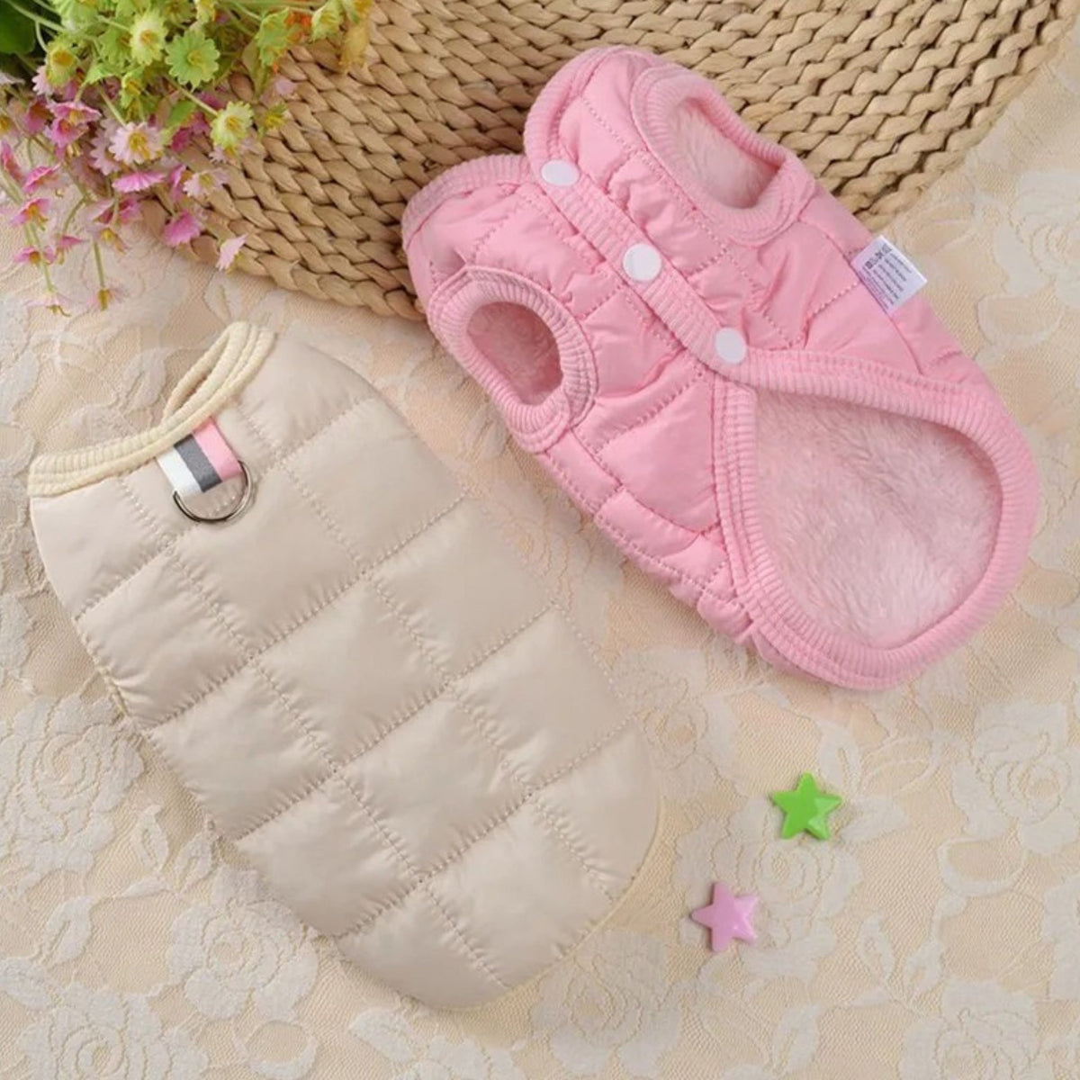 Beige quilted dog vest jacket by TrendyPet's Zone, lightweight and warm, stylish coat for small dogs.