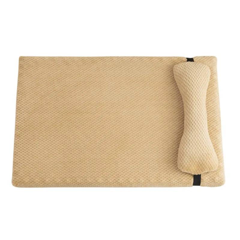 Beige plush calming dog bed mat with removable washable cover for small to X-large dogs, soft and fluffy for comfort.