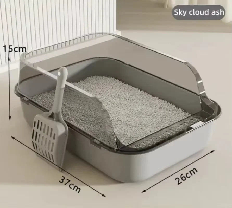 Beige and white splashproof semi-enclosed cat litter box with high sides, ideal for indoor kittens, by TrendyPet's Zone.