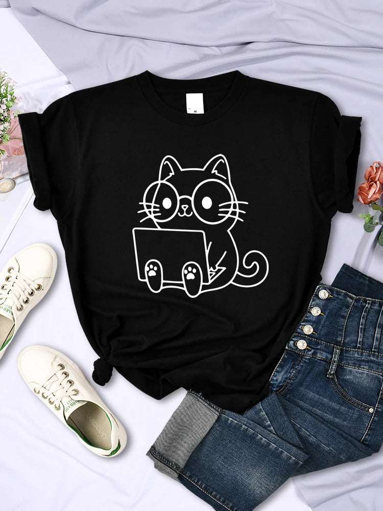 Black Careful Study Of Work Cat Sketches Women T-Shirt Personality Trend Casual Tee Clothing Street Creative Tops Female Short Sleeve - TrendyPet's Zone