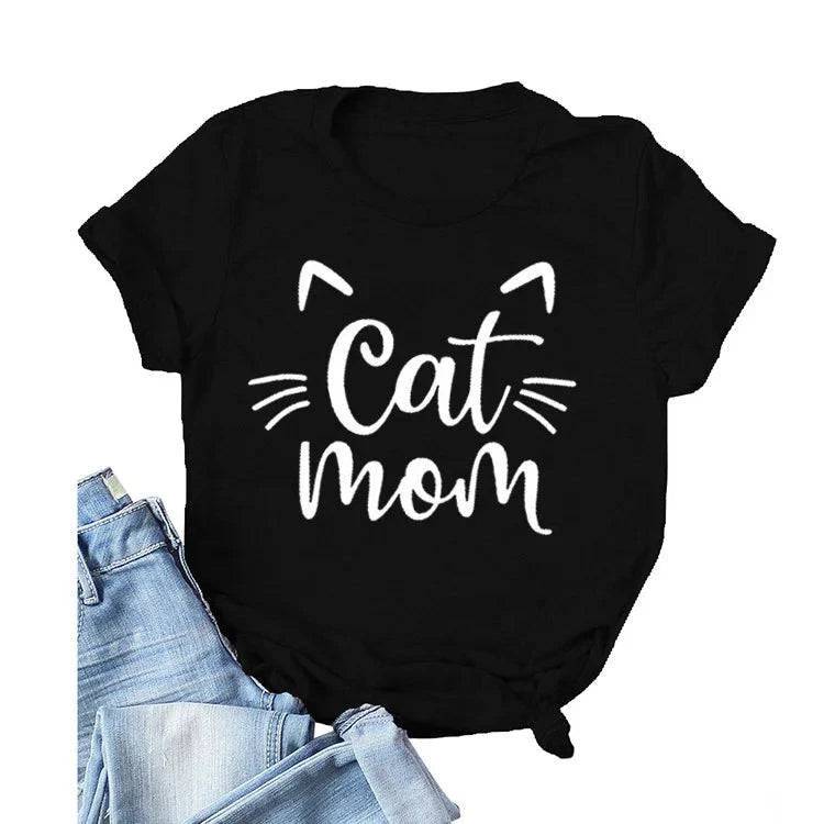 Black "Cat Mom" Vivid Letter Print Women T-Shirt Short Sleeve O-Neck Loose Ladies Tee Tops Clothes - TrendyPet's Zone
