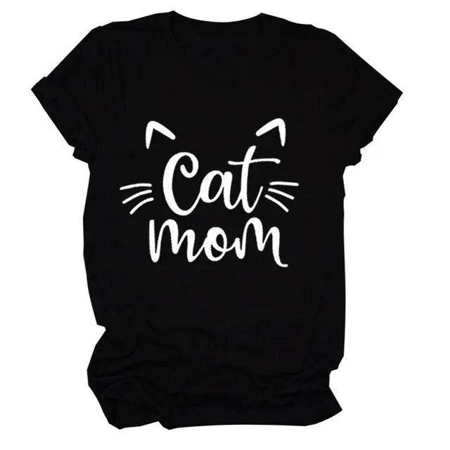 Black "Cat Mom" Vivid Letter Print Women T-Shirt Short Sleeve O-Neck Loose Ladies Tee Tops Clothes - TrendyPet's Zone