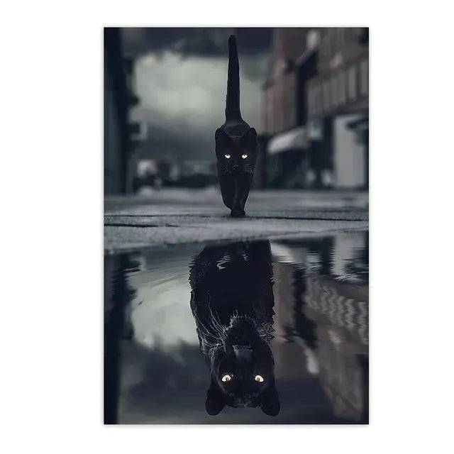 Black cat panther reflection canvas wall art featuring a cute black kitty with big eyes, suitable for home or kids' room decor.