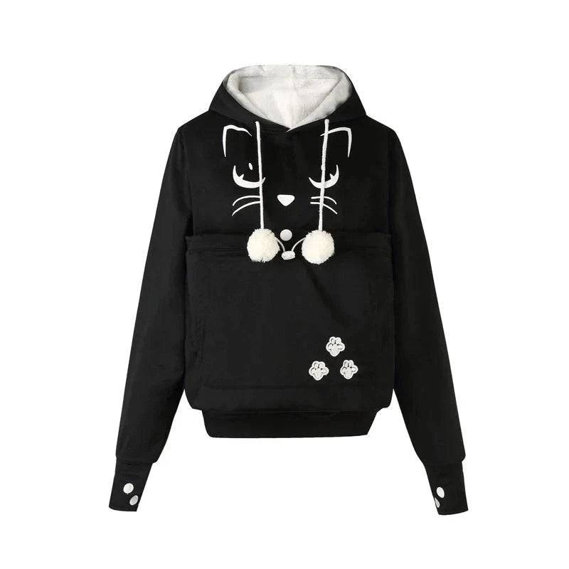 Black cat print sweatshirt for pet lovers with paw ears, kangaroo pouch, and cozy design, perfect for cat and dog enthusiasts.