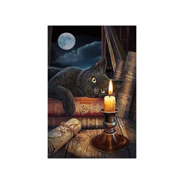 Black cat moonlight canvas wall art featuring a cute black cat with a candle, perfect for home or kids' room decor.