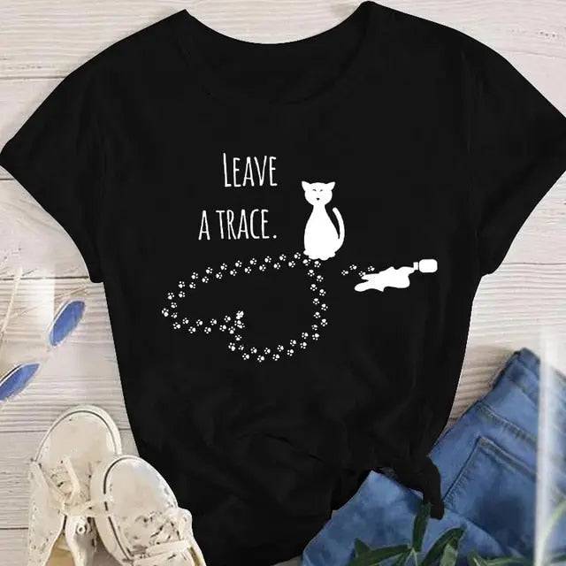 Black Leave A Trace cat print T-shirt for women by TrendyPet's Zone, featuring a cute cartoon cat graphic, short-sleeve summer top.