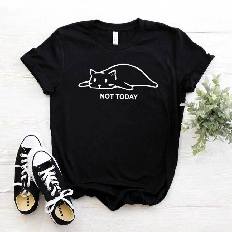 Black women's cotton T-shirt featuring a funny "Not Today Cat" design, casual and comfortable for ladies and girls.