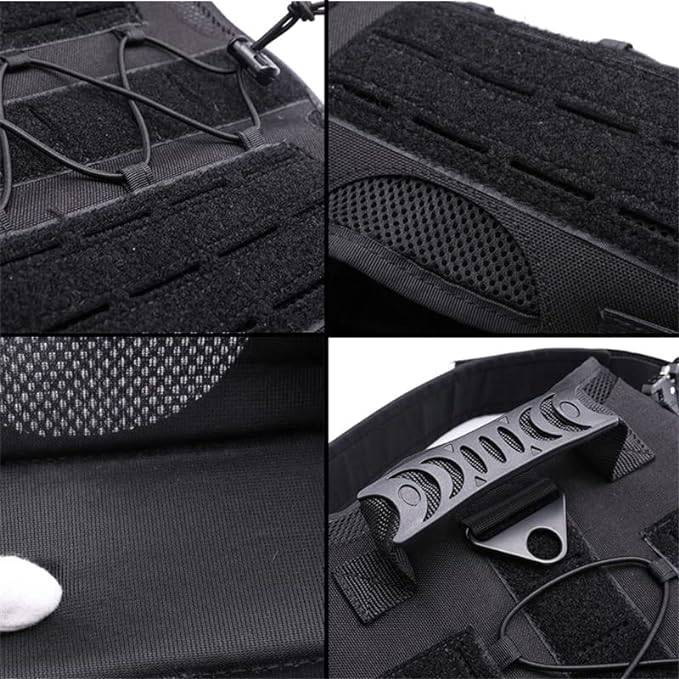 Black tactical dog harness and leash set with military-style design and adjustable straps for pets.