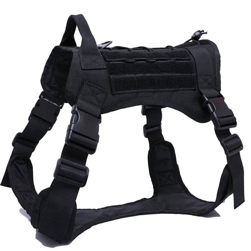 Black tactical dog harness and leash set with pockets, military-style design, made by TrendyPet's Zone for pets.