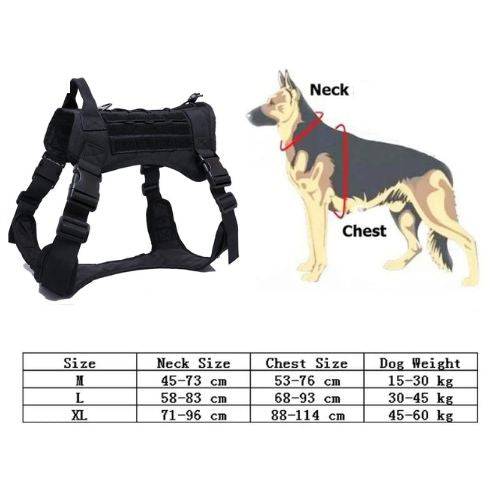 Black tactical dog harness and leash set with multiple bags, military style, from TrendyPet's Zone, designed for pets and outdoor activities.