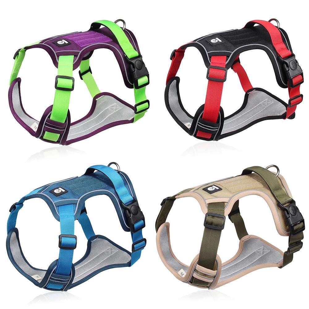 Blue adjustable tactical dog harness with handle from TrendyPet's Zone, designed for no-pull control and secure fit.